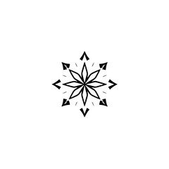 Obraz premium Abstract minimalist black and white mandala, symmetrical design on a white background, featuring arrows.