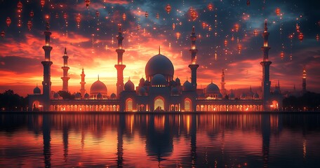Obraz premium Silhouetted Grand Mosque at Sunset with Glowing Lanterns and Water Reflection