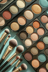 Assortment of eyeshadow palettes with neutral and colorful shades paired with makeup brushes, ideal for creating diverse beauty looks.