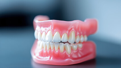 Obraz premium Prothèse dentaire complète avec gencives roses et dents blanches sur fond bleu.