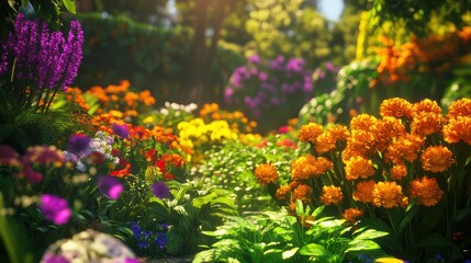 Obraz premium Vibrant Bloom: A Sunlit Garden of Colorful Flowers