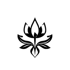 Stylized black and white floral illustration showcasing a simple design with leaves and petals, on a white background.