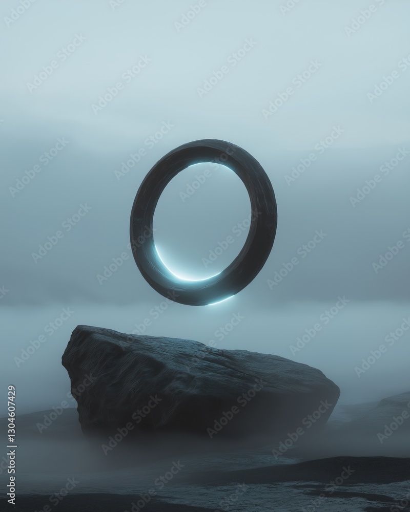 Poster large rock in the middle of a foggy landscape. the rock is dark and appears to be floating in the ai