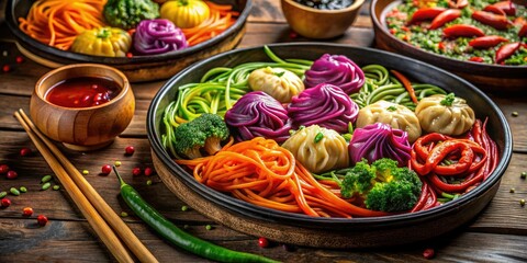 Fototapeta premium Savor vibrant Asian fusion: noodles, dumplings, and fiery stir-fries.