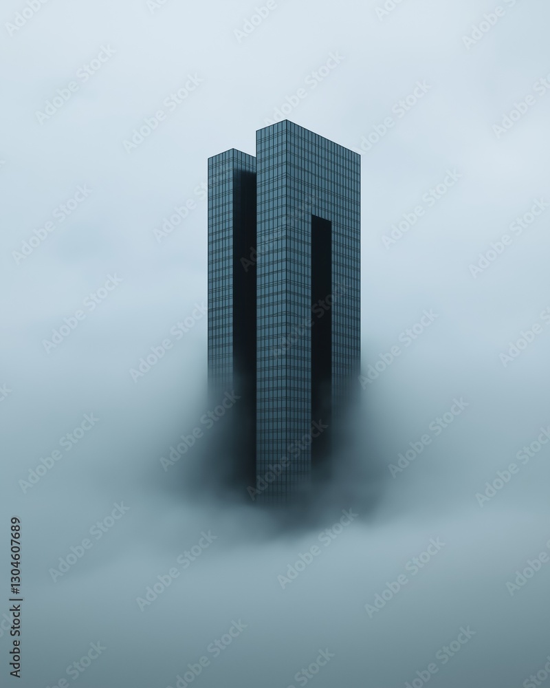 Poster photograph of a tall skyscraper in the middle of a foggy landscape. the skyscraper is made up of mul