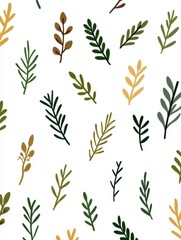 A whimsical pattern featuring various green and golden leaves on a white background, showcasing nature's beauty in a charming design.