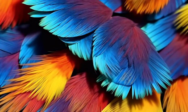 Vibrant parrot feathers close-up, textured background, design element