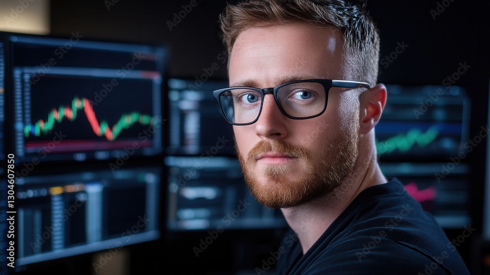 Aufkleber professional trader man analyzing stock market data across multiple screens, focused on financial in