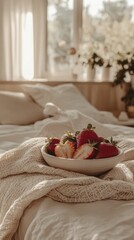 Cozy morning scene with fresh strawberries in a bowl on a sunlit bed