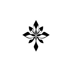 Symmetrical black floral emblem on a white background. The image features a symmetrical black shape composed of leaves.