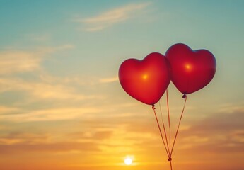 Obraz premium Two heart-shaped balloons soar in the evening sky at sunset, symbolizing love and romance for Valentine's Day