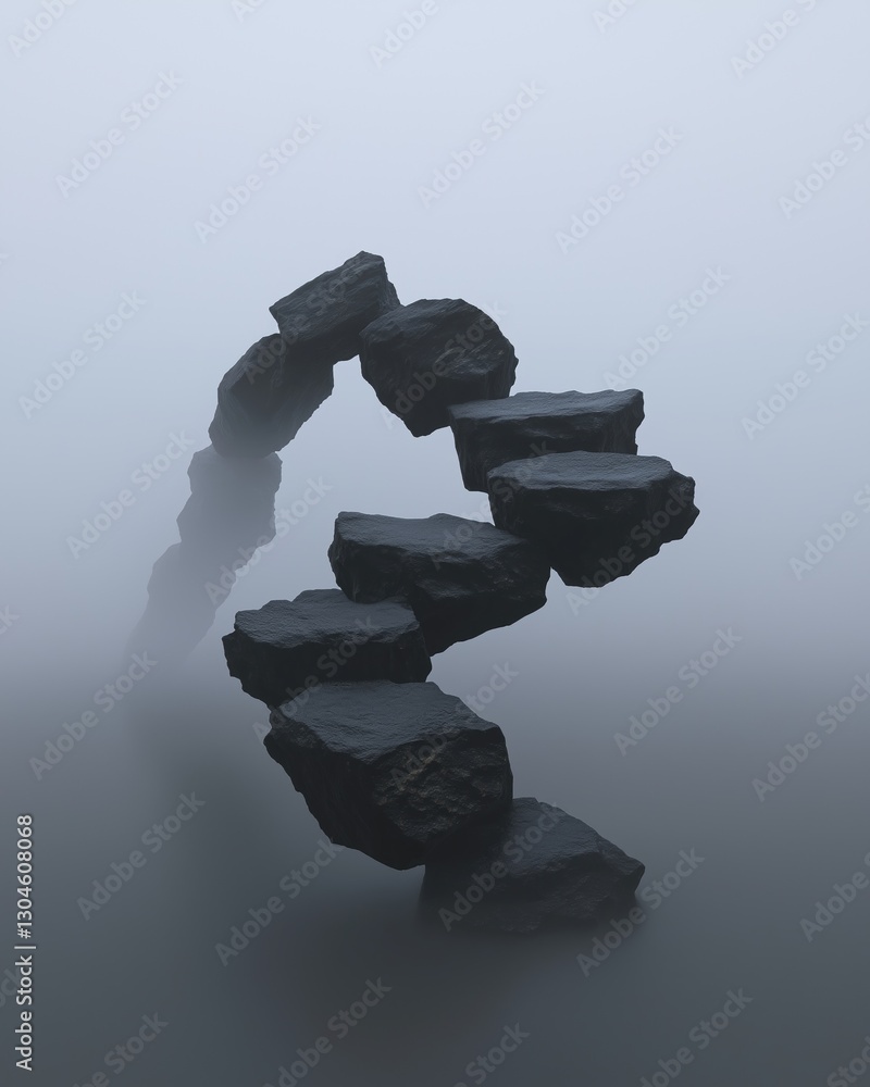 Poster group of black rocks arranged in a spiral-like formation. the rocks are of different sizes and shape
