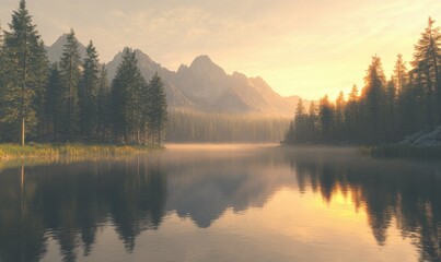 Fototapeta premium Serene mountain landscape with a calm lake reflecting tall pines and the soft hues of dawn, golden mist rising from the water, tranquil scenery,