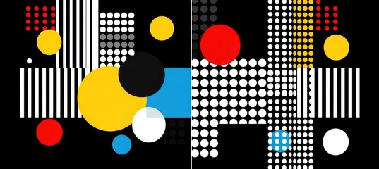 A vibrant abstract composition featuring geometric shapes and contrasting colors, including circles, dots, and stripes on a black background.
