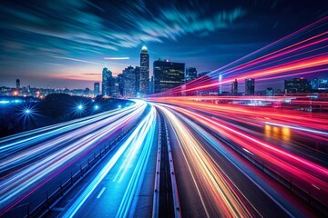 Fototapeta premium Long Exposure Light Trails of City Night Traffic with CD Reflection