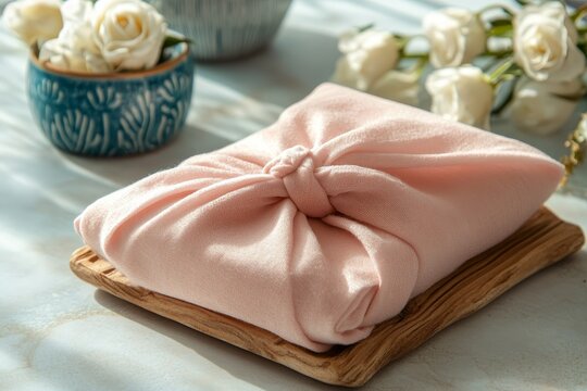 Pastel pink cloth, gift boxes, rose ranunculus flowers, and eucalyptus arranged on a marble background embody the spirit of Happy Mothers Day, International Womens Day, and birthday commemorations