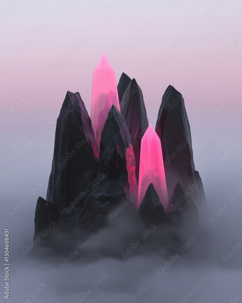 Poster group of three large, black rocks with pink crystals on top. the rocks are arranged in a triangular 