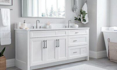 Sleek bathroom vanity in crisp white, minimal lines and polished fixtures reflecting a fresh interior aesthetic, spa-inspired home concept.