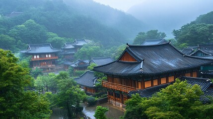 Rainy day at temple complex in forested valley, possible for travel or spiritual content