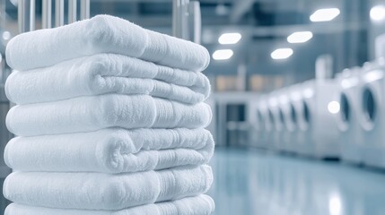 Neatly folded white towels in a modern laundry facility