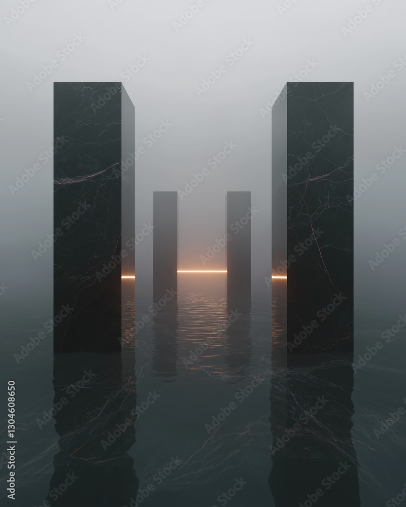 Poster group of three tall, rectangular structures standing in the middle of a body of water.