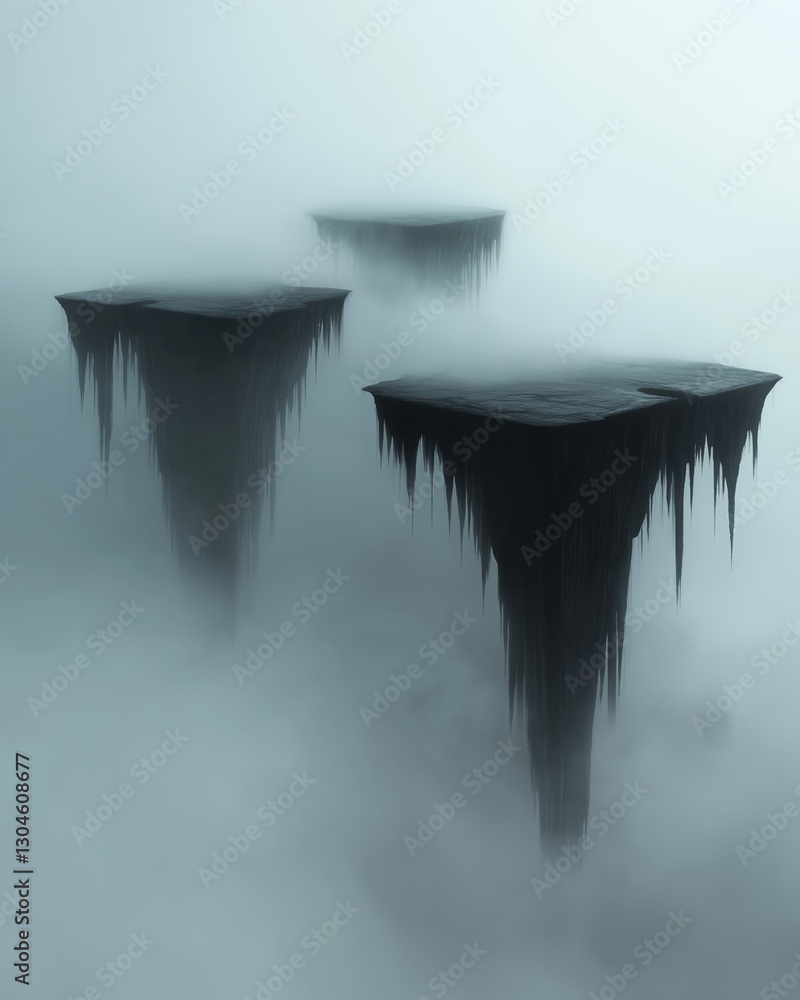 Poster three floating islands in the middle of a foggy sky. the islands are black in color and appear to be