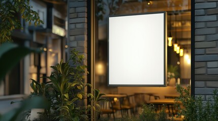 A close-up view of a large blank white rectangular sign mounted on a weathered, gray-brown wooden framed glass storefront, displaying a blurred, ambient interior scene of a cafe or restaurant