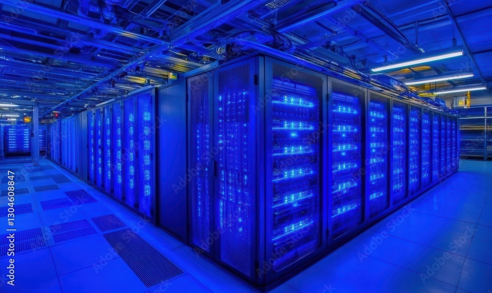 Poster state-of-the-art data center with rows of glowing servers, cold blue lighting emphasizing the advanc