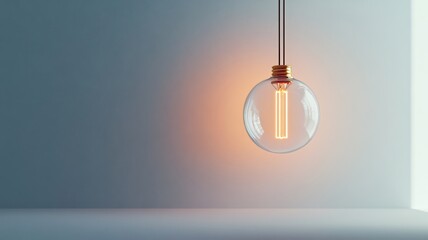 Minimalist Neon Light Bulb Floating against Smooth Gray Background for Tech Themed Imagery