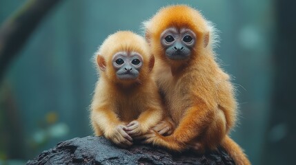 Obraz premium Golden monkeys cuddling, rainforest, misty background, wildlife conservation