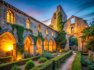 Naklejka premium Long Exposure Photography: Cistercian Abbey of Villelongue, France - Historic Ruins at Dusk