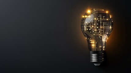 Glowing Golden Light Bulb with Digital Circuit on Dark Gray Background Representing Innovation