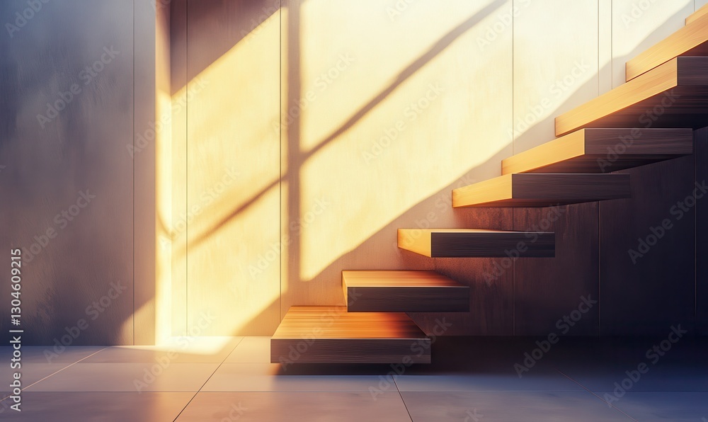 Poster sunlit modern staircase in a luxurious home with warm wooden steps and soft shadows creating depth.