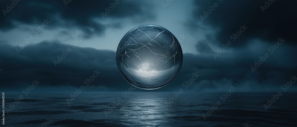Poster digital illustration of a sphere floating in the middle of the ocean. the sphere is spherical and ap