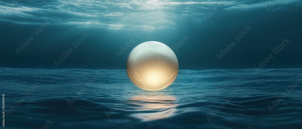 Poster digital illustration of a sphere floating in the middle of the ocean. the sphere is spherical and ap