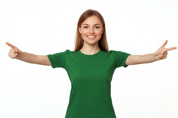 Fototapeta premium Young smiling happy woman wear green t-shirt casual clothes point index finger overhead indicate on empty blank area isolated on plain white background studio portrait. Lifestyle concept