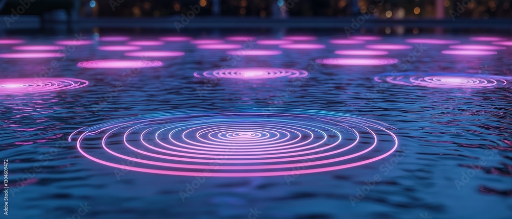 Poster pool of water at night, with multiple circular lights floating on the surface. the lights are in dif
