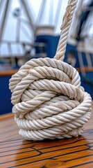 Twisted rope coil rests on polished wooden deck of a ship docked in calm waters during overcast daylight