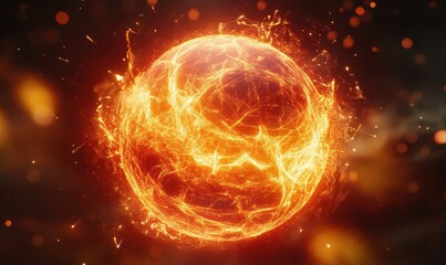 Surreal abstract planet-like sphere surrounded by glowing neon red and orange particles, evoking cosmic wonder and mystery