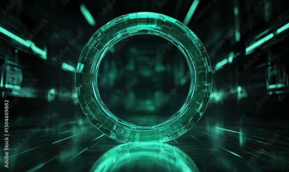 Poster symmetrical glowing ring in vibrant green tones, floating in a futuristic digital space with sharp r