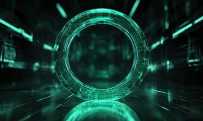 Symmetrical glowing ring in vibrant green tones, floating in a futuristic digital space with sharp reflections on a dark background