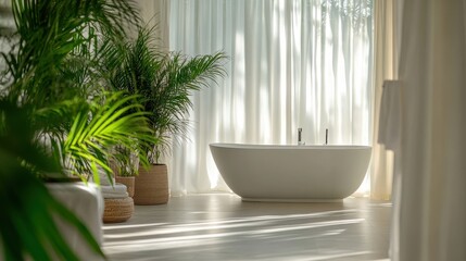 Fototapeta premium A sleek, minimalist bathroom, where a pristine white shower curtain gracefully drapes, framing a freestanding soaking tub, and lush greenery, such as ferns and palms, adds a touch of tropical