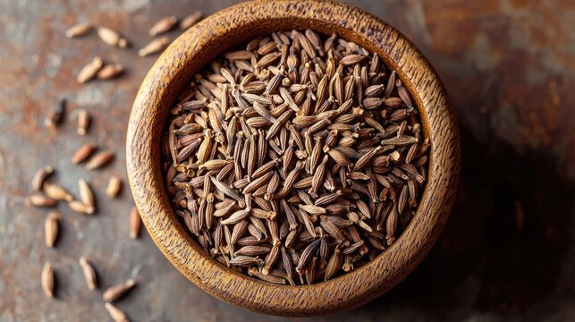 Close-up of cumin seeds in a wooden bowl