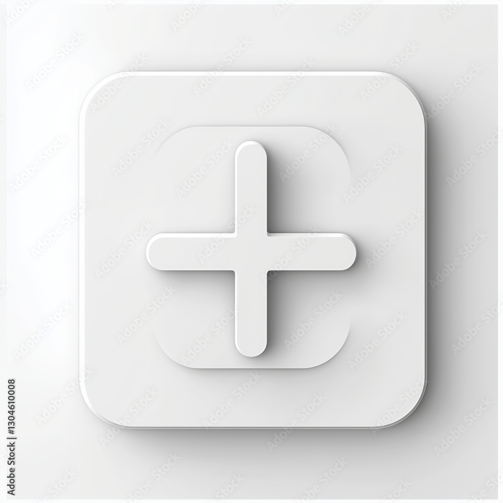 Aufkleber simple geometric plus symbol in 3d relief against a square backdrop; minimalist design conveying add