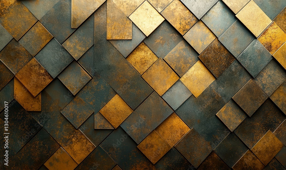 Poster textured abstract background of rustic golden and copper tiles arranged in a geometric pattern, soft
