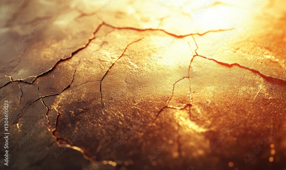 Aufkleber textured abstract composition of cracked golden clay illuminated by warm light, creating a rustic an
