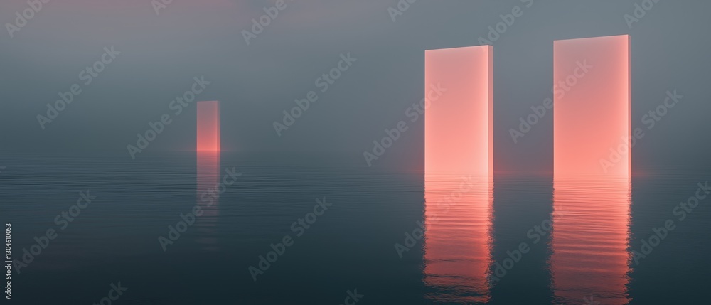 Poster three tall, rectangular pillars standing in the middle of a body of water. the pillars are lit up wi