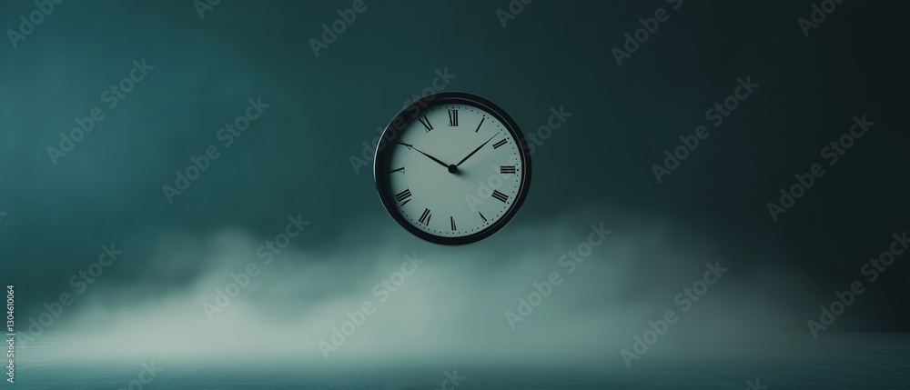 Poster digital illustration of a clock in the middle of a dark blue background. the clock is in the center 