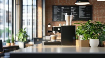 High-tech espresso gadget, compact and efficient, brewing coffee in a minimalist coworking space