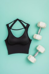 A light green background features a black sports bra accompanied by two dumbbells, symbolizing fitness and workout